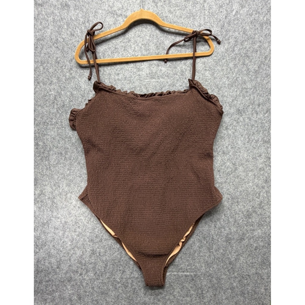 J.Crew Brown Smocked Ruffle One Piece Swimsuit Tie Shoulder Straps Size 22